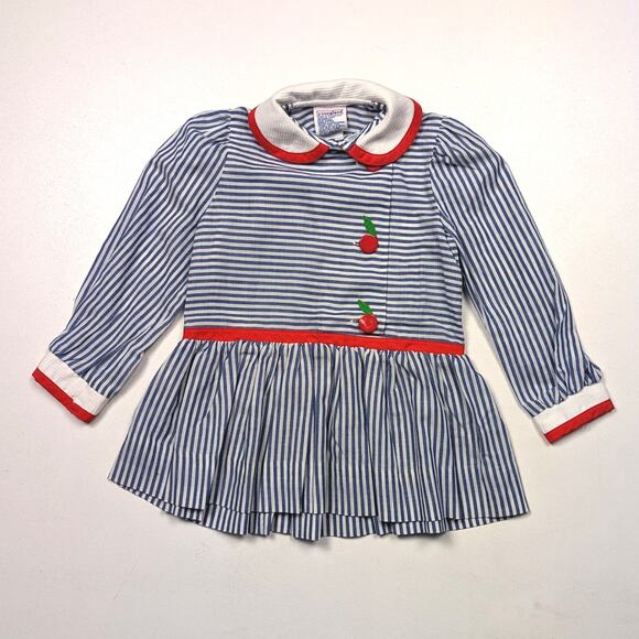 Vintage Youngland Dress Girls Size 18m Stripe Dress Cherry Drop Waist - Picture 1 of 5